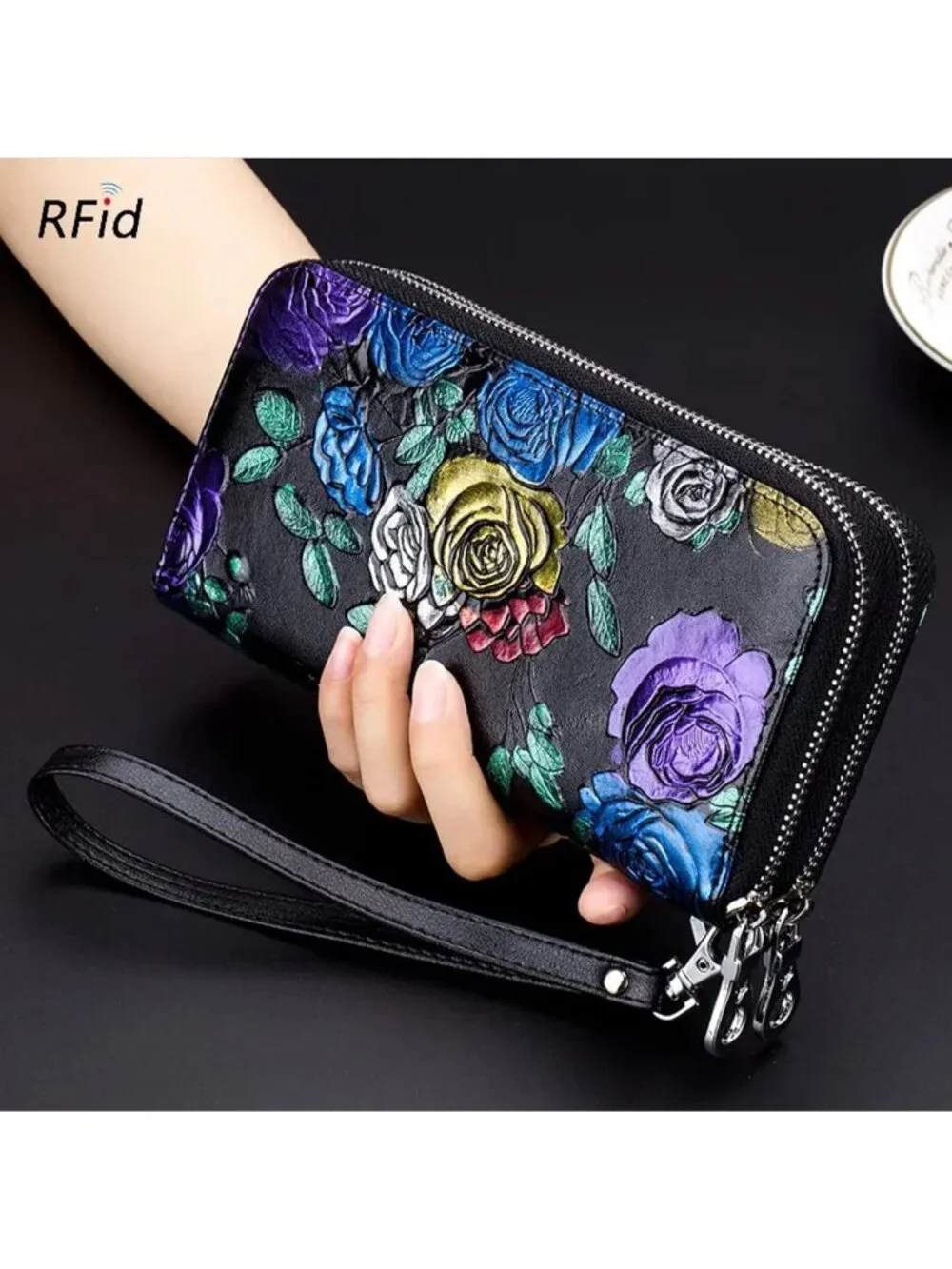 Floral Hand-Painted Leather Double Zipped Wallet Wristlet, RFID Blocking Clutch